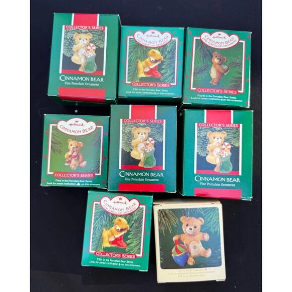 8 Vintage 1980’s Hallmark Ceramic Cinnamon Bear Ornament Lot All Mint! -36D - Picture 2 of 7